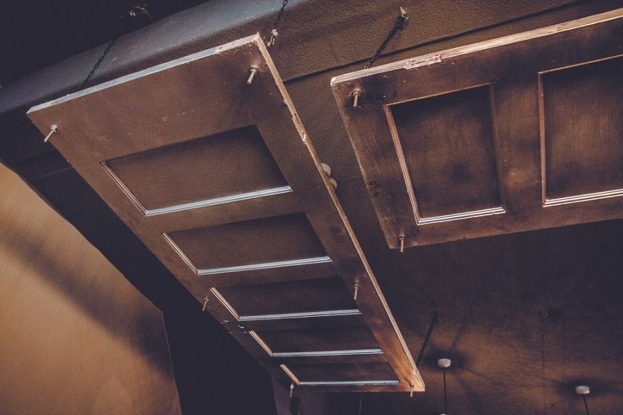 Sheldons Wine Bar Colwyn Bay - doors hanging from ceiling